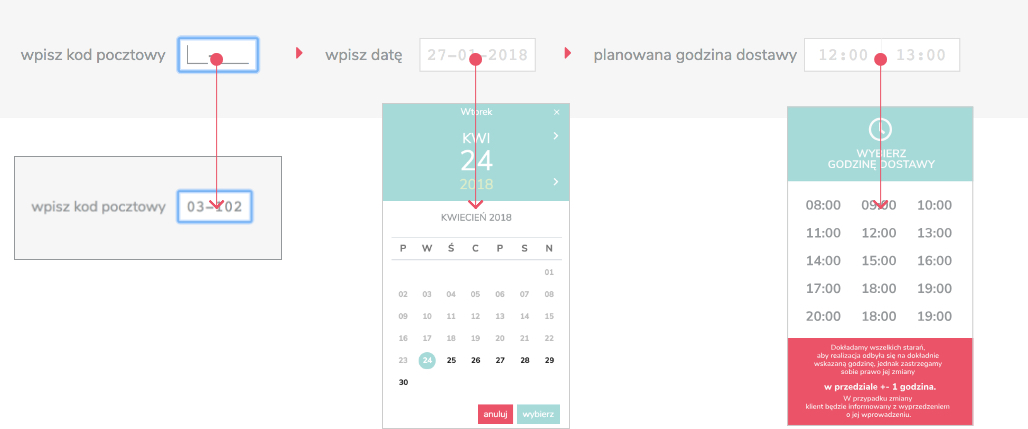 Krok 1 - wybór kodu pocztowego, daty i godziny